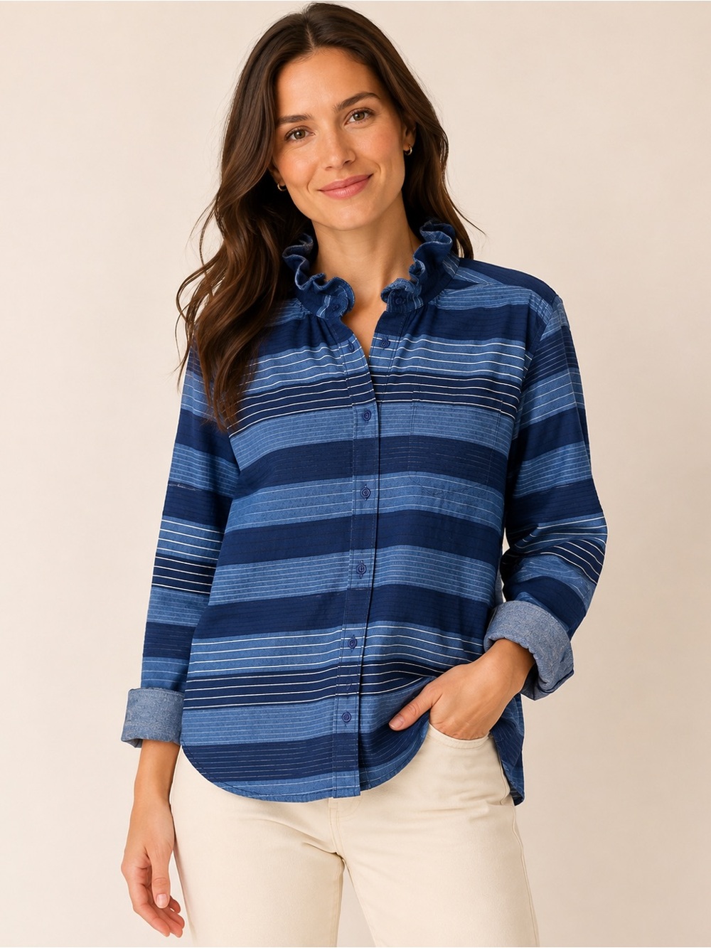 KMJ Kate McHale Jensen Cleo Navy Blue Stripe Ruffle Button Down M